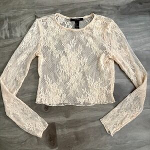 Forever 21 Cream Lace Long-Sleeve Crop Top